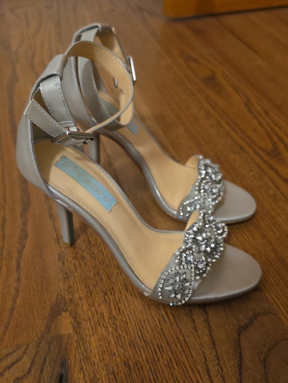 Betsey Johnson Beaded Ankle-Strap High Heel Sandals in Silver, Blue Bottom